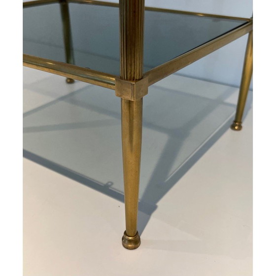 Image 1 of Pair of vintage brass end tables and smoked glass trays, France 1970
