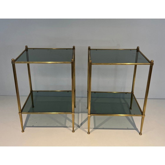 Image 1 of Pair of vintage brass end tables and smoked glass trays, France 1970