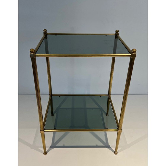 Image 1 of Pair of vintage brass end tables and smoked glass trays, France 1970