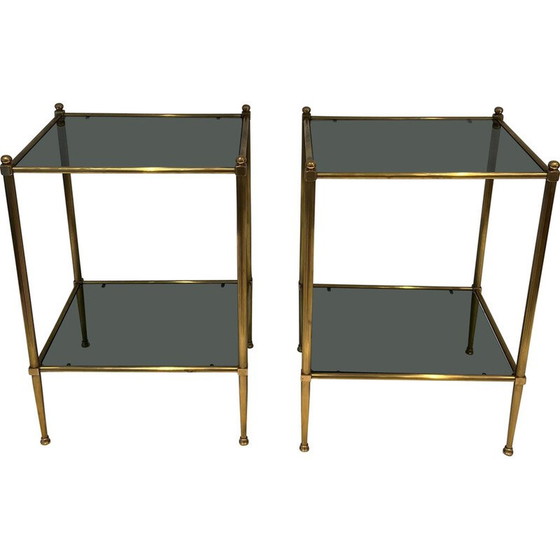 Image 1 of Pair of vintage brass end tables and smoked glass trays, France 1970
