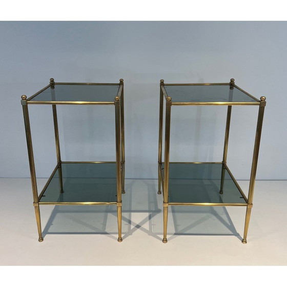 Image 1 of Pair of vintage brass end tables and smoked glass trays, France 1970