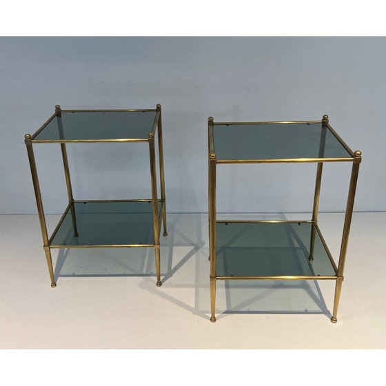 Image 1 of Pair of vintage brass end tables and smoked glass trays, France 1970