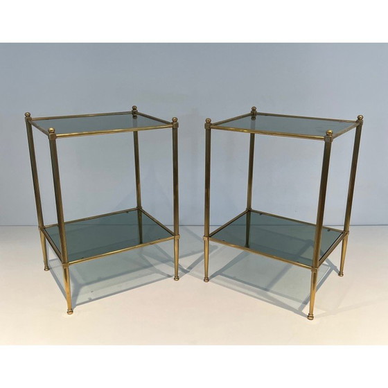 Image 1 of Pair of vintage brass end tables and smoked glass trays, France 1970