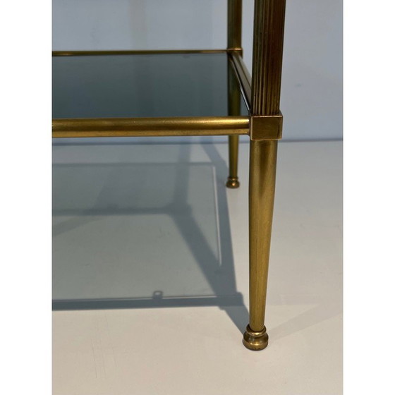 Image 1 of Pair of vintage brass end tables and smoked glass trays, France 1970