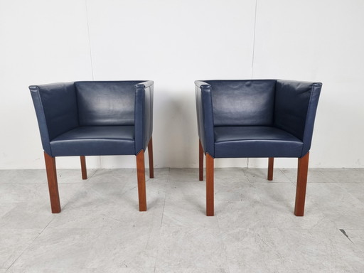 2x blue leather armchairs by Durlet, 1990s