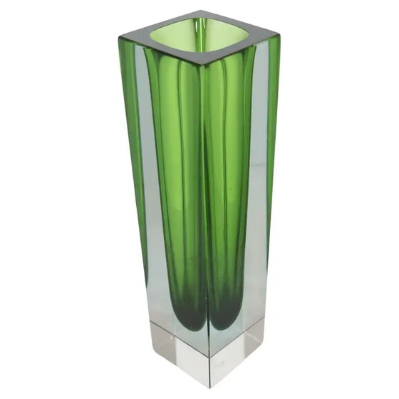 Image 1 of Vintage Small Geometric Vase in Green "Sommerso" Murano Glass, Flavio Poli Style