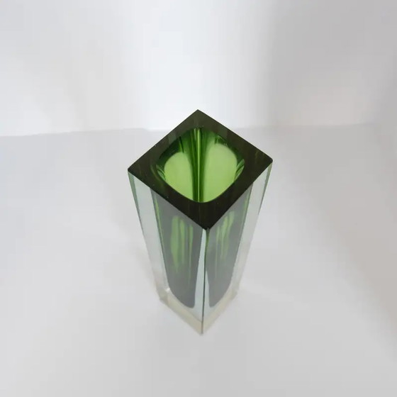 Image 1 of Vintage Small Geometric Vase in Green "Sommerso" Murano Glass, Flavio Poli Style