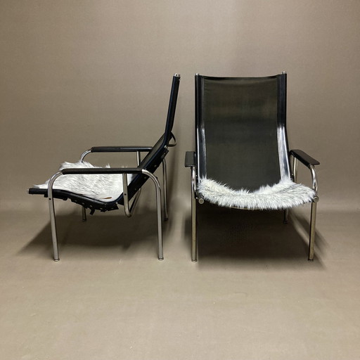 Pair of Reclining Relax Armchairs Black Leather Design "Hans Eichenberger" 1960