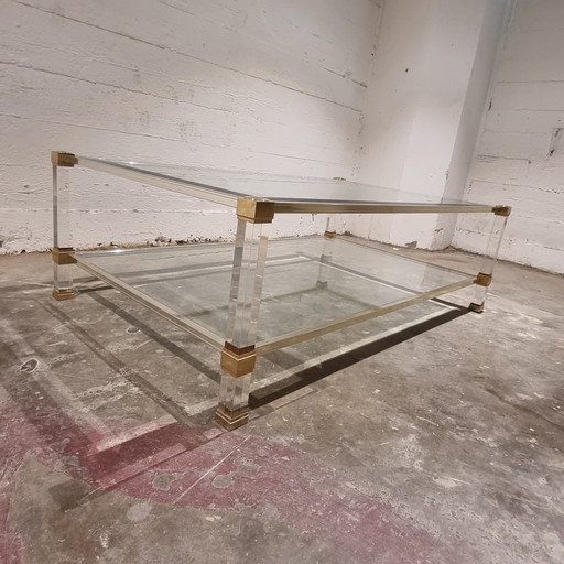 Rectangular Coffee Table With Two Levels In Acrylic Glass And Brass By Pierre Vandel, 1970s.