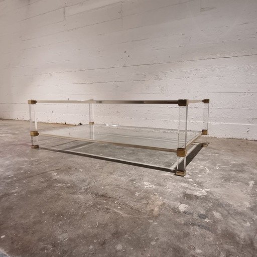 Rectangular Coffee Table With Two Levels In Acrylic Glass And Brass By Pierre Vandel, 1970s.