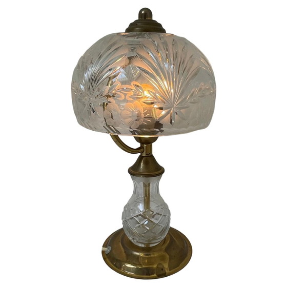 Image 1 of Vintage / Hollywood Regency - Lampe de table en verre cristal avec base en laiton - En très bon état