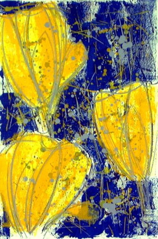 Ad van Hassel Tulips standing yellow /50 – lithos zeefdrukken, Paper, Abstract
