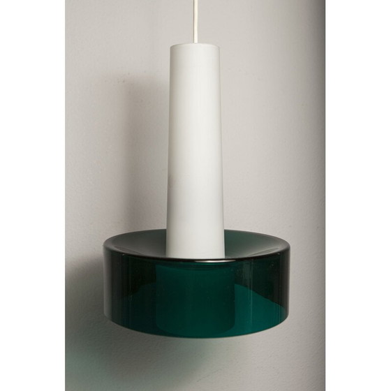 Image 1 of Vintage pendant lamp in white opaline and transparent glass in 2 elements, 1960s