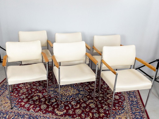 6x chaise de salle à manger chromée, revêtement en skaï blanc