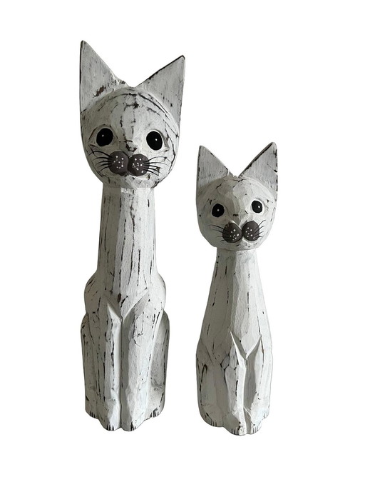 Set Of Two Wooden Cat Statues