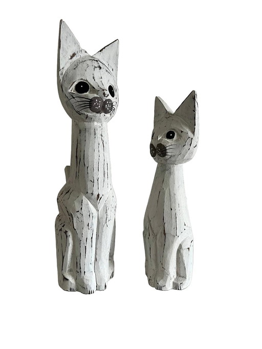 Set Of Two Wooden Cat Statues