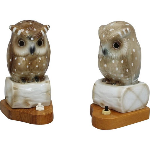 Pair of vintage porcelain owl table lamps, Czechoslovakia 1930