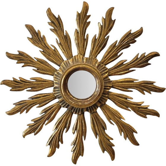 Image 1 of Vintage convex mirror with a carved and gilded wooden frame in the shape of a sun, France 1930