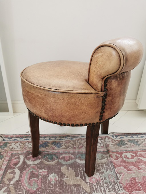 Eichholtz Brown Leather Hocker/ Low Stool With Wooden Legs