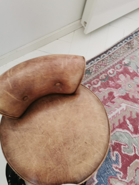 Image 1 of Eichholtz Brown Leather Hocker/ Low Stool With Wooden Legs