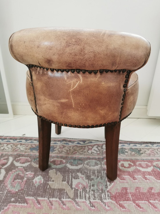 Image 1 of Eichholtz Brown Leather Hocker/ Low Stool With Wooden Legs