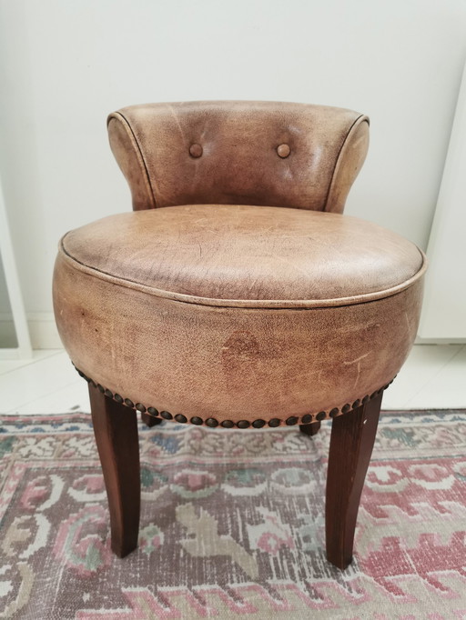 Eichholtz Brown Leather Hocker/ Low Stool With Wooden Legs