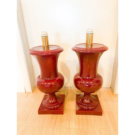 Image 1 of Pair of vintage burgundy lacquered ceramic table lamps, Italy 1970