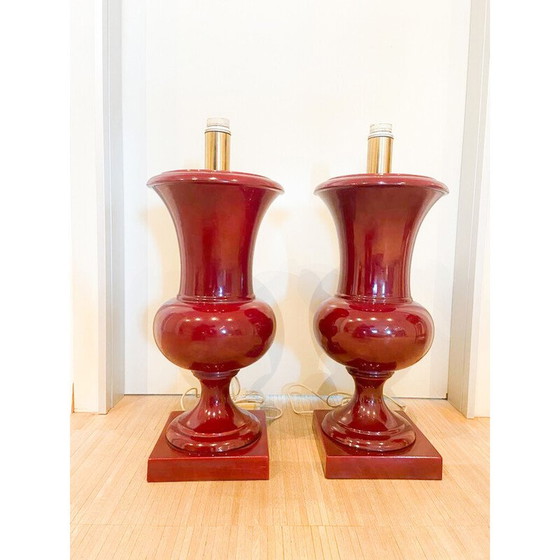 Image 1 of Pair of vintage burgundy lacquered ceramic table lamps, Italy 1970