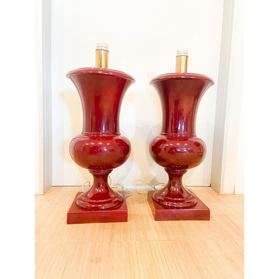 Image 1 of Pair of vintage burgundy lacquered ceramic table lamps, Italy 1970