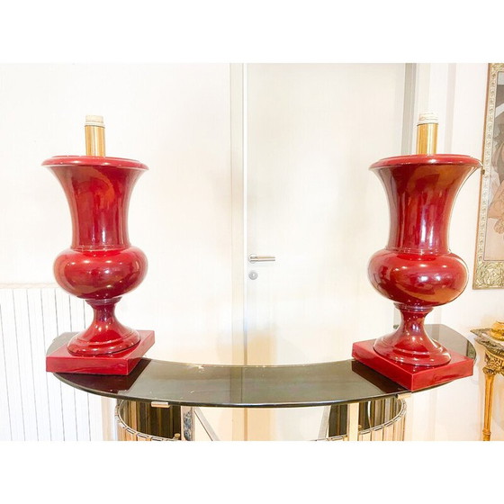 Image 1 of Pair of vintage burgundy lacquered ceramic table lamps, Italy 1970