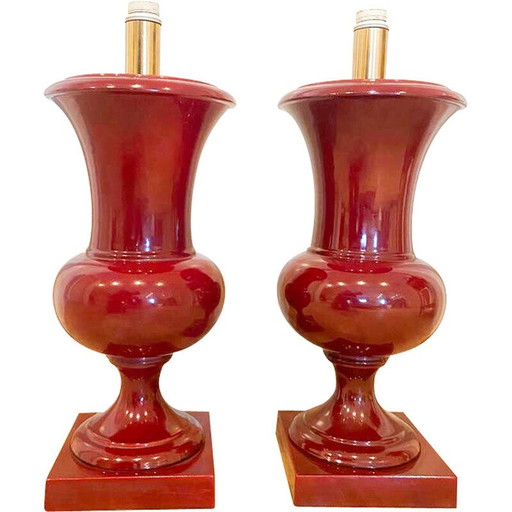 Coppia di lampade da tavolo vintage in ceramica laccata color bordeaux, Italia 1970