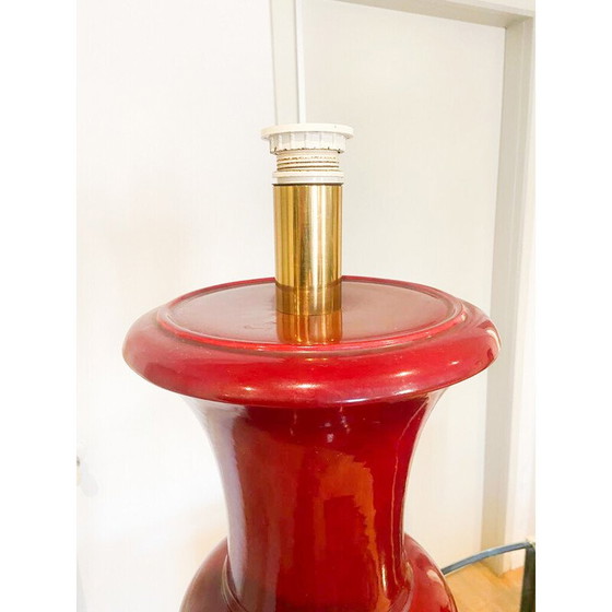 Image 1 of Pair of vintage burgundy lacquered ceramic table lamps, Italy 1970