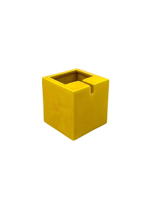 Space Age Yellow Cubic Ceramic Ashtray, Sicart Italy 1970S