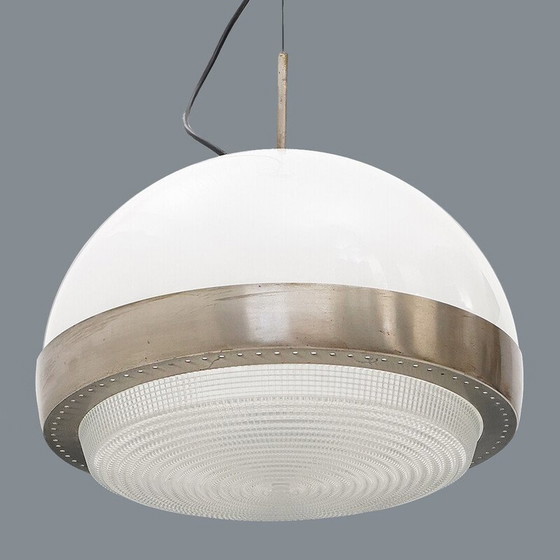 Image 1 of Lampadario vintage in ottone nichelato e vetro stampato, Italia 1960