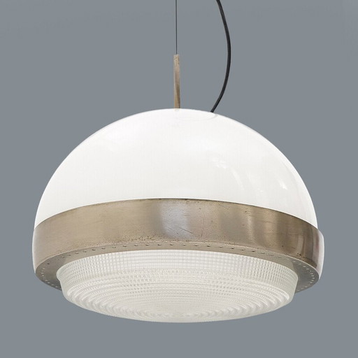 Vintage chandelier in nickel-plated brass and printed glass, Italy 1960