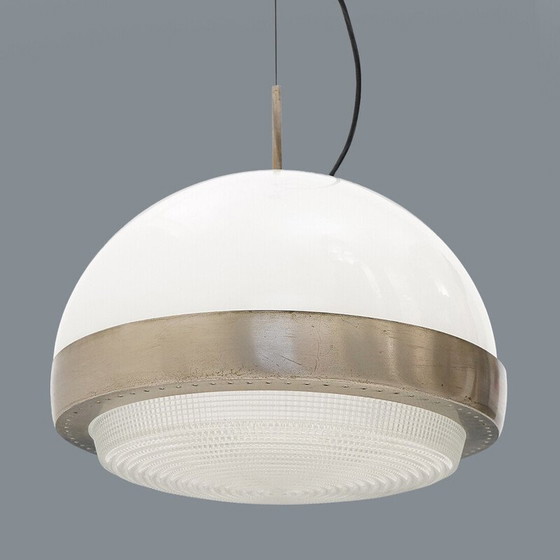 Image 1 of Lampadario vintage in ottone nichelato e vetro stampato, Italia 1960