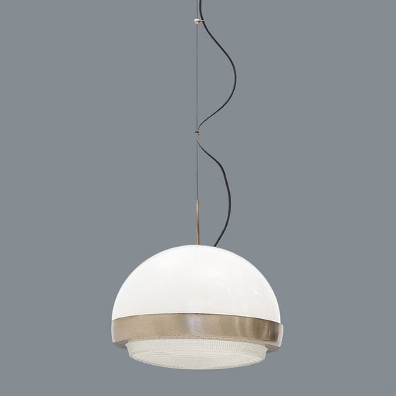 Image 1 of Lampadario vintage in ottone nichelato e vetro stampato, Italia 1960