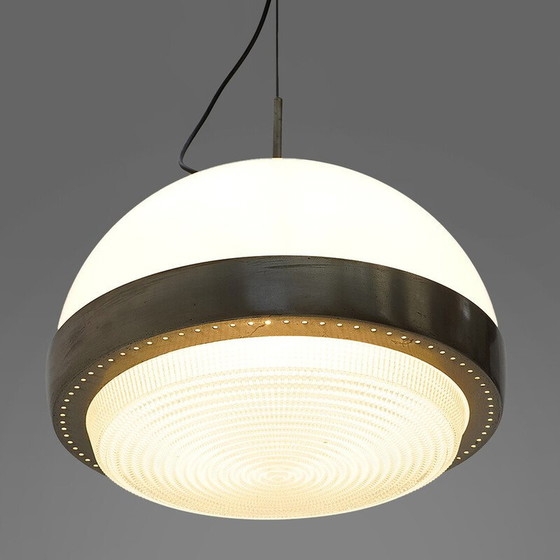 Image 1 of Lampadario vintage in ottone nichelato e vetro stampato, Italia 1960