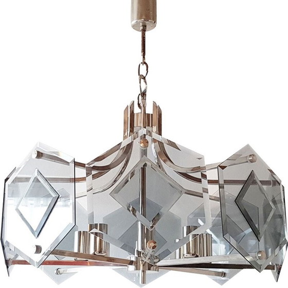 Image 1 of Vintage glass and steel chandelier by Sische, 1980