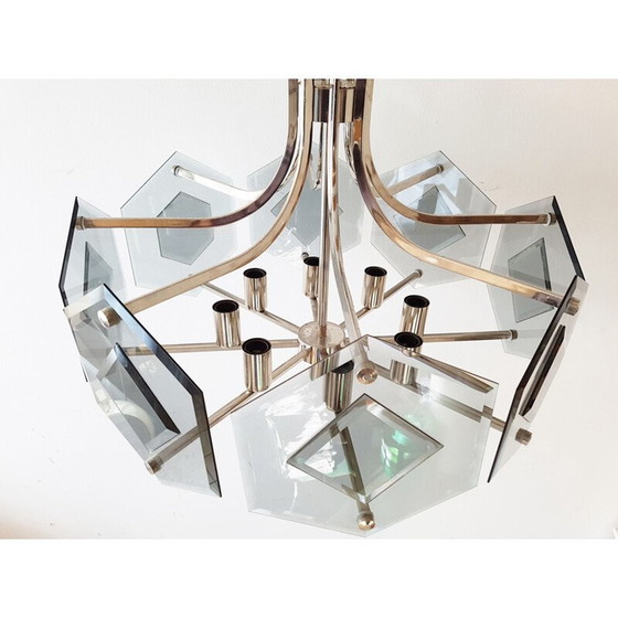 Image 1 of Vintage glass and steel chandelier by Sische, 1980