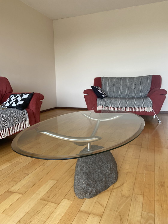 Image 1 of Modern Glass Coffee Table With Stone Base