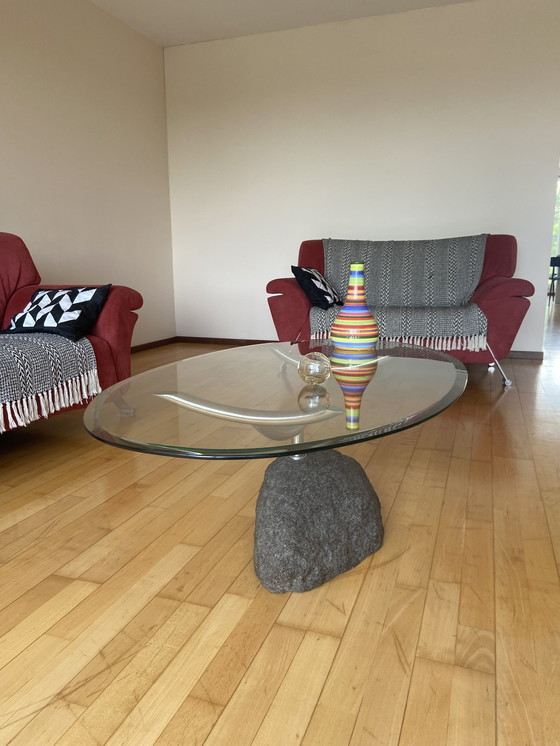 Image 1 of Modern Glass Coffee Table With Stone Base