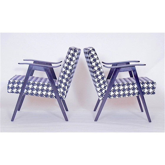 Image 1 of Pair of vintage armchairs black and white fabric and wood 1980