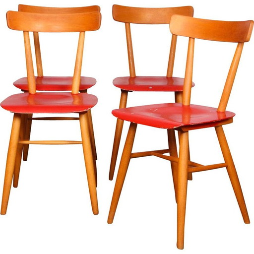 Set of 4 vintage red chairs by Ton, 1960