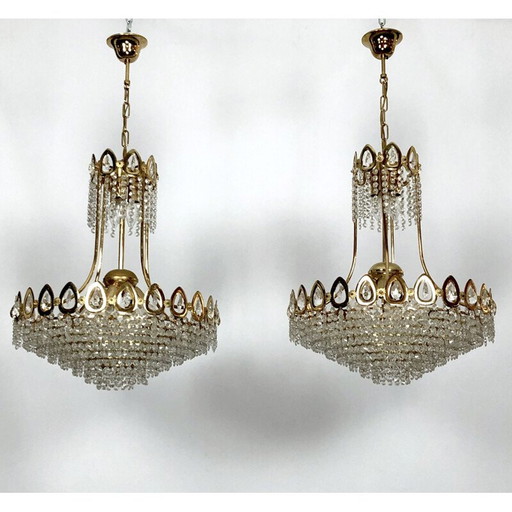 Pair of vintage gilded brass and crystal chandeliers by Sciolari, Italy 1970
