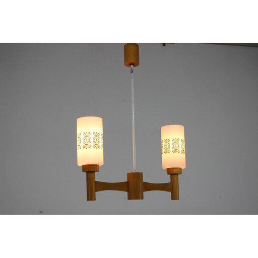 Vintage wood and glass pendant lamp, Czechoslovakia 1980s