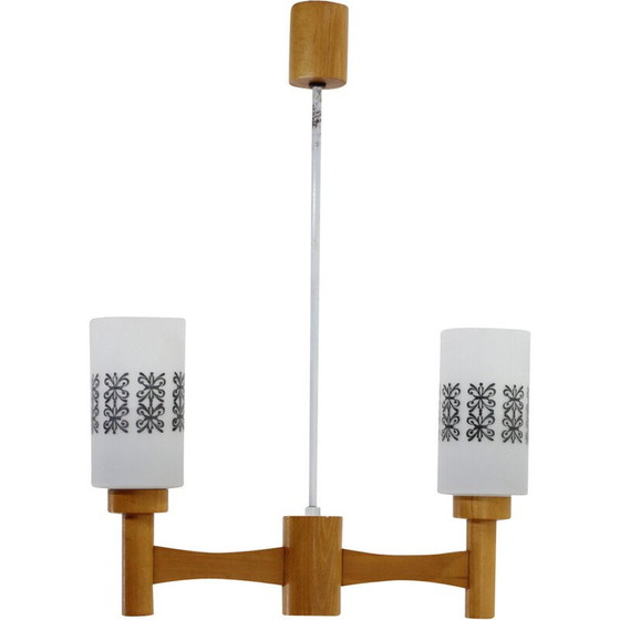 Image 1 of Lampada a sospensione vintage in legno e vetro, Cecoslovacchia, anni '80