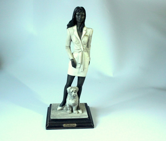 Image 1 of Sculpture By M. Salvestrini - Figure - Lady With Dog - Ceramic On Wooden Base - Marked - Vintage