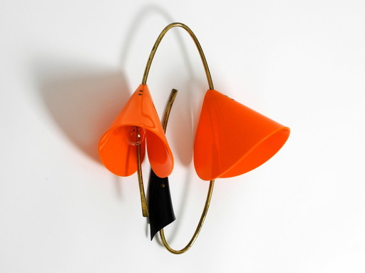 Beautiful Large Italian Mid Century Modern Brass Wall Lamp With Orange Acrylic Glass Shades