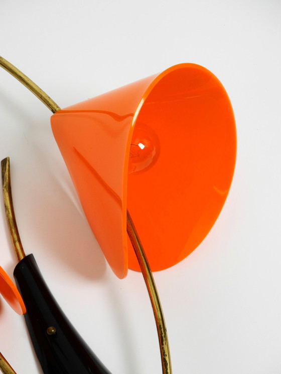 Image 1 of Beautiful Large Italian Mid Century Modern Brass Wall Lamp With Orange Acrylic Glass Shades